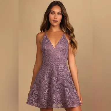 Lulu's NWT Just Us Tonight Purple Embroidered Strappy Skater Dress
