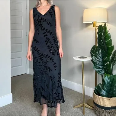 90’s Black Midi Dress Size 12 Velvet & Beads