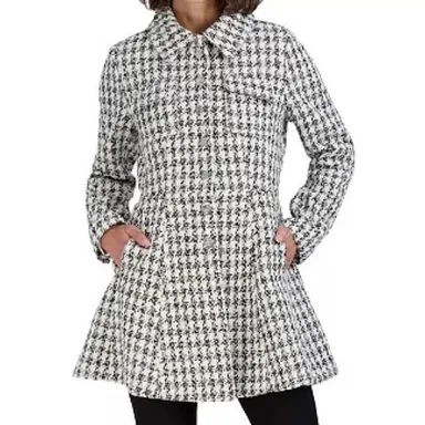 Laundry Houndstooth Fit & Flare Single-Breasted Skirted Tweed Jacket Coat NWT
