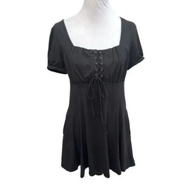 Hot Topic Peasant Front Tie Mini Dress with Pockets Black Size Small