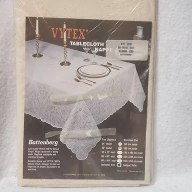 LCI Industries Vytex Battenberg Antique White 70" Round Vinyl Tablecloth NOS Sea