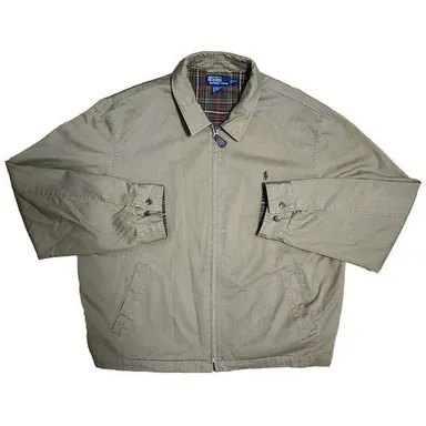 VINTAGE Polo Ralph Lauren Beige Bomber Jacket Men XXL 2XL Flannel Lined Full Zip