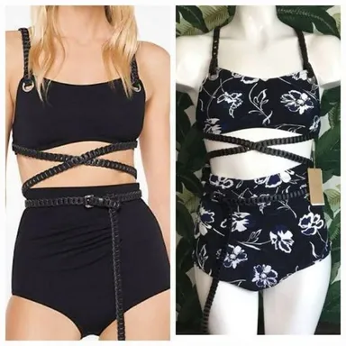 Michael Kors Collection Women Navy & Black Leather Strap Belt 2 Piece Swimsuit