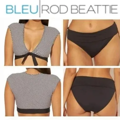 Bleu Rod Beattie Tie Front Cap Sleeve Swim Top Black Fold over Sarong Bo…
