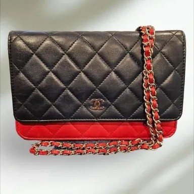 CHANEL Lambskin Quilted Tri-Color Wallet On Chain (WOC) in Red and Blue