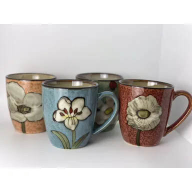 Variety of Flower Print 12 ounce Ceramic Coffee Mugs Set. Multicolored. Set Of 4 
