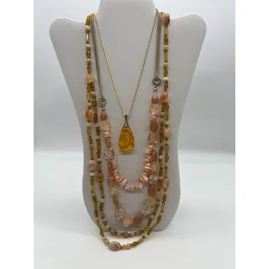 Lot of 3 Bohemian Pink Brown Amber Layering Necklaces Acrylic Gold Boho Western