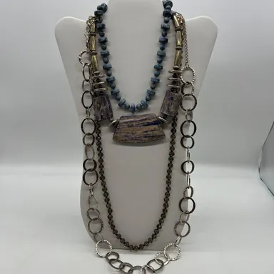 Vintage M.E. Mary Ellen Sarah Cov mixed Blue and silver metal boho necklaces