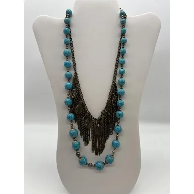 Set of bohemian necklaces dyed horn teal beads brass chain & bead bib layering
