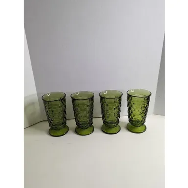 4 Vtg Indiana Glass Whitehall Avocado Green Cubist Tumblers Footed 6” Glasses