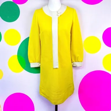 Vintage Jerrie Lurie Mod Yellow White 60s Shift Knee Length Dress Mid Century M