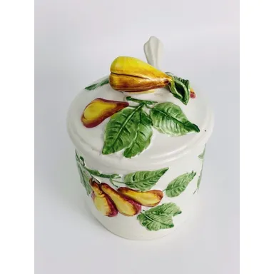 Vintage Hand Painted Italian Ceramic Jam Jelly Jar 3D Pear Pattern w/Lid & Spoon