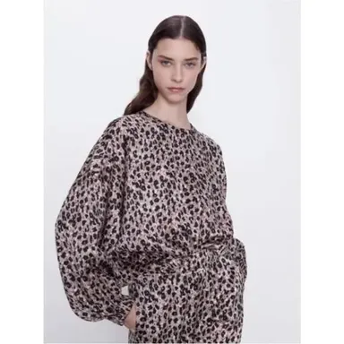 Zara Multicolor Leopard Print Bliouson Sleeve Sateen Shirt, EUC, Size Small