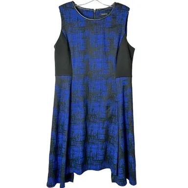 DKNY Black & Blue Faux Leather Trim Fit & Flare Asymmetrical Dress, EUC, Large