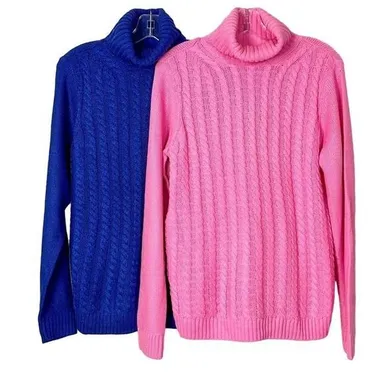 Lot of 2 Croft & Barrow Women's Cable Knit Turtle Neck Sweater Blue Pink Small