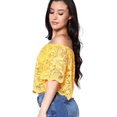 Ambiance Marigold Mustard Floral Lace Off Shoulder Crop Top Size Small Stretchy