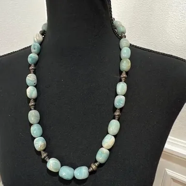 Chunky Turquoise Blue Caribbean Calcite Stone Necklace With Silver Accents