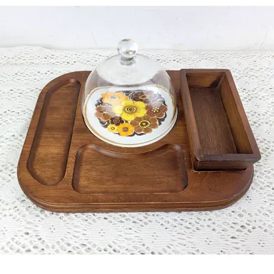 Vintage MCM Mid Century Floral Tile Wood Cheese Charcuterie Board Glass Dome