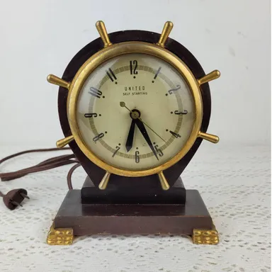 Vintage United Ship Wheel Nautical Desk Mantle Clock  Brown Tested Working