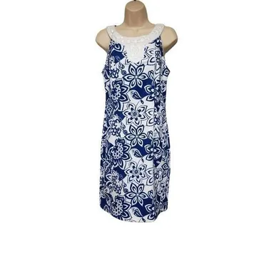 Women's Dress Barn White & Blue Beaded accent Collar Sheath Dress Size 6