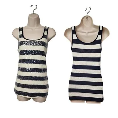 Old Navy Sequin Womens Blue Ivory Stripe Scoop-Neck Sleeveless Tank Top Size M