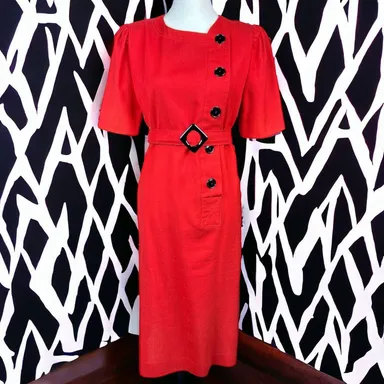 Vintage Leslie Fay 80's Red Black Statement Button Geometric Belt Career Dress M