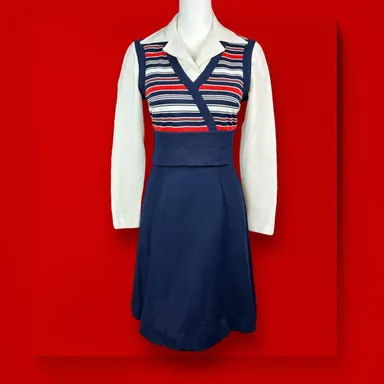 Vintage Jonathan Logan Blue Red White Vest Brady Bunch 60s Mod Mini Dress Sm/13