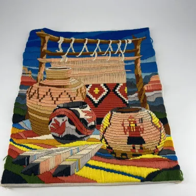 VTG Crewel Embroidery Completed Native American Art Textiles Baskets Pottery
