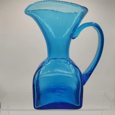 Blue Hand-blown Glass Pitcher with Square Bottom