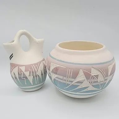 Vtg Signed Navajo Bowl/pot and small wedding vase