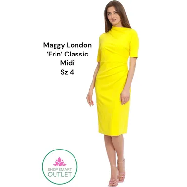 Maggy London ‘Erin’  Side Pleat Dress Asymmetric Neck, Yellow Sz 4