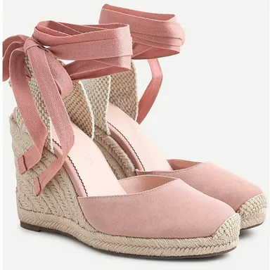 J. Crew Round-toe suede espadrille wedges in Soft Pink Size 7.5 Ankle strap Lace 