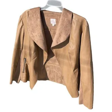 Dress Barn Jacket Coat Faux Leather Suede Open Zip Women Moto SZ 1X Tan Brown
