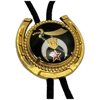 Vtg Bolo Tie Masonic Star Shriners Freemasons Star Sword Black Gold  Horseshoe