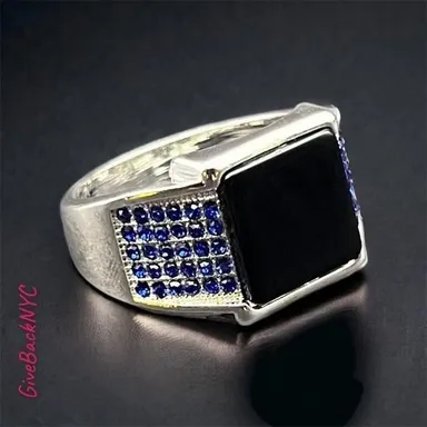 SILVER Toned Square Black Onyx Ring Size 13