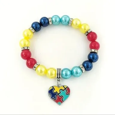Puzzle Piece Heart Charm Red Yellow Blue Bead Stretch Bracelet Autism Awareness