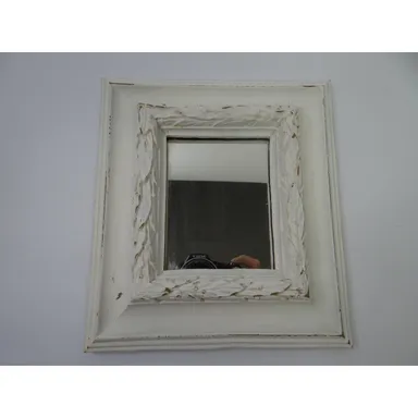 White Ornate Shabby Chic Victorian Wall Hanging Mirror, Distressed 8 x 9 