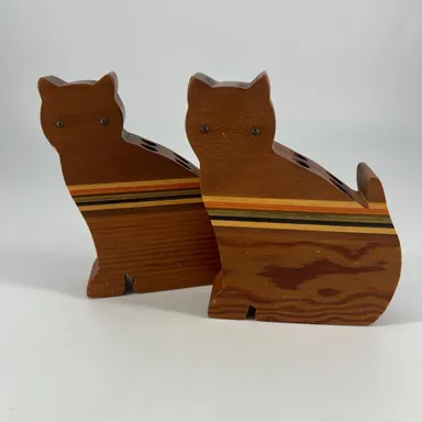 Vintage Cat Wood Bookends Pencil Crayon Paintbrush Holders Organizers