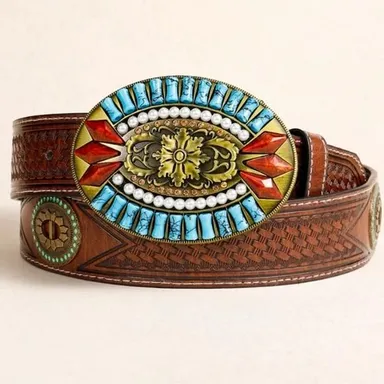 New Women's Boho/Western Brown Etched Belt with Faux Stone Buckle 44.09 inches