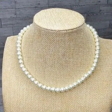 Vintage Faux Pearl Bridal White Glass Beaded Necklace 17"L