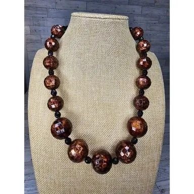 Vintage Coppertone Disco Ball Bead & Black Faceted Bead Necklace 20"L