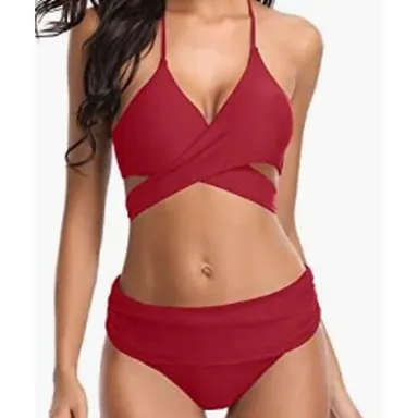 SHEKINI Women Push Up Bikini Wrap Halter Swim Suit