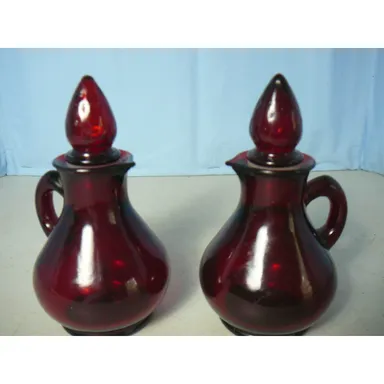 2 Avon Ruby Red Glass Cruet Strawberry Rare Bath Foam Bottles 1970's w/stoppers (empty)