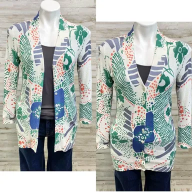 Anthropologie Field & Flowers Floral Cotton Cardigan Womens Size S Cream Green 