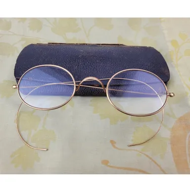 Antique "GUDZ GOLD" 1920's Gold Fill Wire Oval Eyeglasses with Leather Case