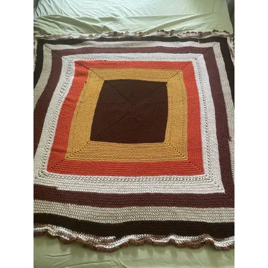 Vintage Crochet Handmade Afghan Throw Blanket Brown, Fall Colors, Mid Century