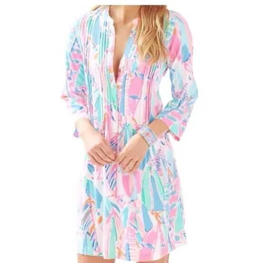 Lilly Pulitzer Sarasota Women's Tunic Dress Out to Sea Print 3/4 Sleeves Size S