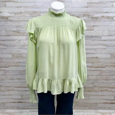 Anthropologie English Factory Mock Neck Ruffle Top Womens Size XS Green Smocked