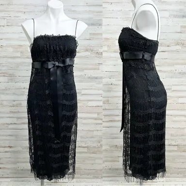 Collette Dinnigan Fringed Cocktail Dress Womens Size S Black Metallic Column