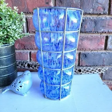 Vintage MCM Blue Speckle Bubble Glass Handblown Vase Encassed in Wire
